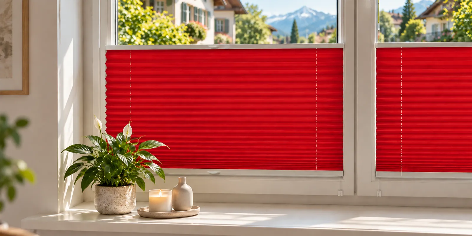 Nahaufnahme eines weissen Plissees im anthrazitfarbenen Fensterrahmen