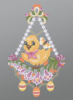 Fensterbild aus Plauener Spitze® - Osterküken mit Halstuch #1W mehrfarbig