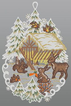 Fensterbild aus Plauener Spitze® - Futterkrippe mit Waldtieren #1W mehrfarbig