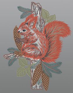 Fensterbild aus Plauener Spitze® - Eichhörnchen mit Tannenzapfen #1W mehrfarbig