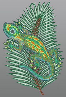 Fensterbild aus Plauener Spitze® - Gecko auf Blatt #1W mehrfarbig