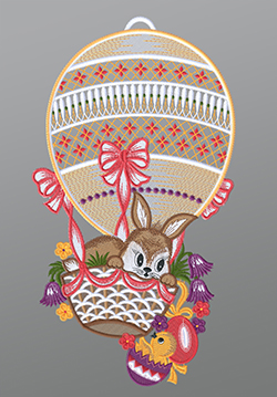 Fensterbild aus Plauener Spitze® - Hase im Heissluftballon und Küken #1W mehrfarbig
