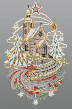 Fensterbild aus Plauener Spitze® - Kirche zur Weihnachtszeit #1W mehrfarbig
