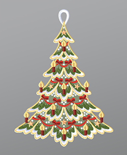 Fensterbild aus Plauener Spitze® - Festlich geschmückter Tannenbaum #1W mehrfarbig