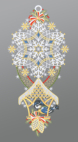 Fensterbild aus Plauener Spitze® - Blaumeise im Vogelhäuschen #1W mehrfarbig