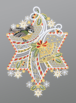 Fensterbild aus Plauener Spitze® - Blaumeise mit Stern und Glocken #1W mehrfarbig