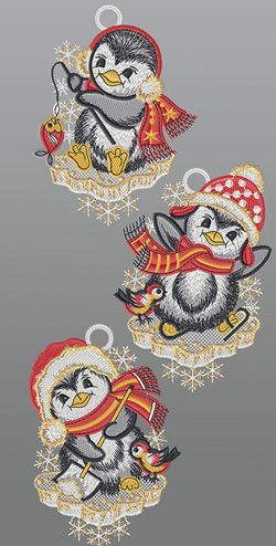 Fensterbilder aus Plauener Spitze® - 3er SET Lustiges Pinguintrio #1W rot/mehrfarbig