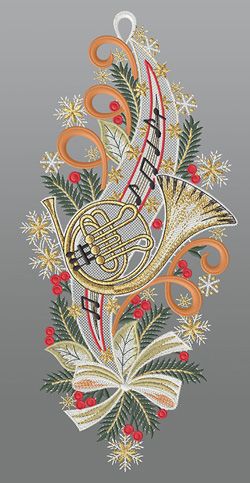 Fensterbild aus Plauener Spitze® - Weihnachtliche Waldhornmusik #1W mehrfarbig