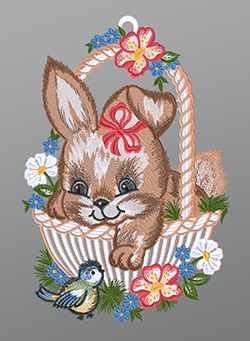 Fensterbild aus Plauener Spitze® - Kleine Häsin in Osterkörbchen #1W mehrfarbig
