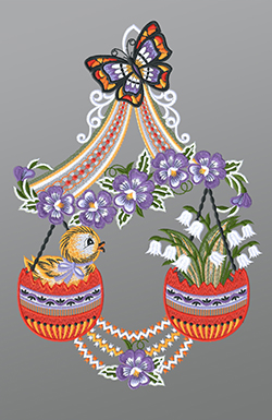 Fensterbild aus Plauener Spitze® - Küken in Osterwaage #1W mehrfarbig