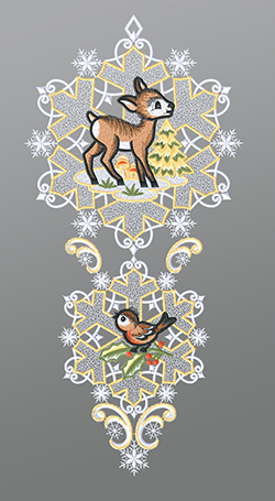 Fensterbild aus Plauener Spitze® - Rehkitz mit Vögelchen und Schneekristallen #1W mehrfarbig