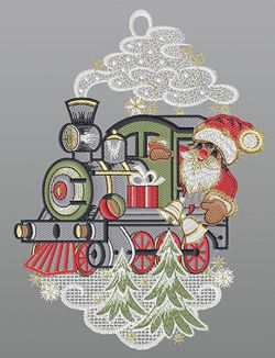 Fensterbild aus Plauener Spitze® - Weihnachtsmann in Lokomotive #1W mehrfarbig