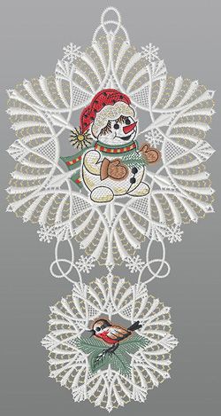 Fensterbild aus Plauener Spitze® - Schneekristalle mit Schneemann und Vogel #1W mehrfarbig
