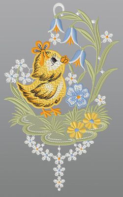 Fensterbild aus Plauener Spitze® - Küken mit Glockenblume #1W mehrfarbig
