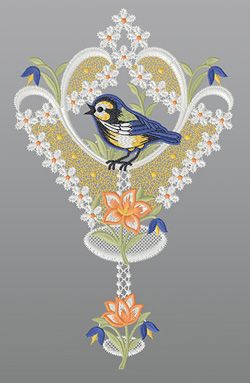 Fensterbild aus Plauener Spitze® - Blaumeise mit Blumenornament #1W mehrfarbig