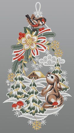 Fensterbild aus Plauener Spitze® - Hase und Vöglein in Winterlandschaft #1W mehrfarbig