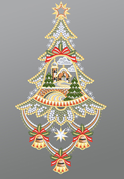 Fensterbild aus Plauener Spitze® - Weihnachtsbaum mit Kirche #1W mehrfarbig