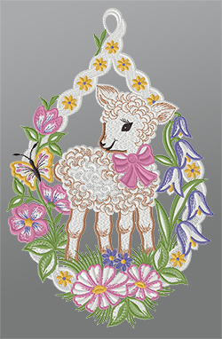 Fensterbild aus Plauener Spitze® - Osterlämmchen mit Blumen #1W mehrfarbig