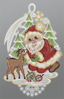 Fensterbild aus Plauener Spitze® - Weihnachtsmann füttert Rehkitz #1W mehrfarbig