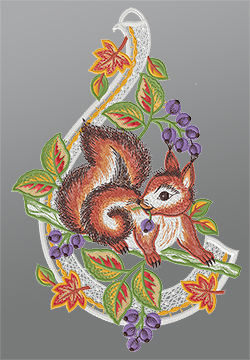 Fensterbild aus Plauener Spitze® - stibitzendes Eichhörnchen #1W mehrfarbig