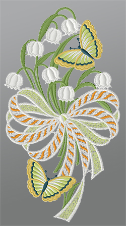 Fensterbild aus Plauener Spitze® - Maiglöckchenstrauss mit Schleife #1W mehrfarbig