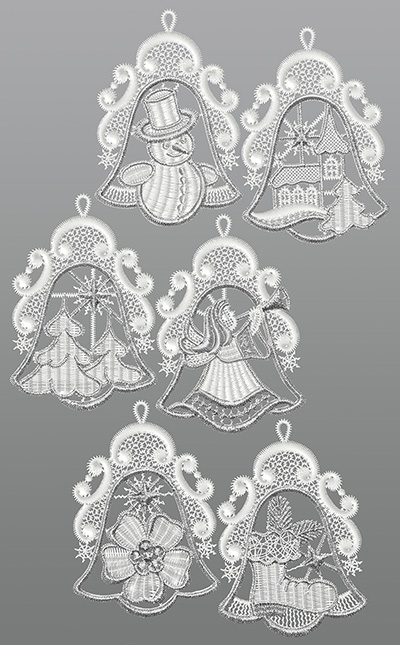 Vorschau Fensterbilder aus Plauener Spitze® - 6er SET Weihnachtsglöckchen #1W Gold weiss